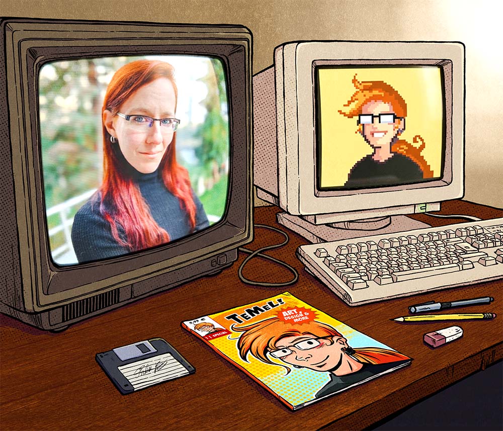 Arbeitsplatz mit Retro-Monitoren, Foto und Comic-Illustration von Thekla Barck